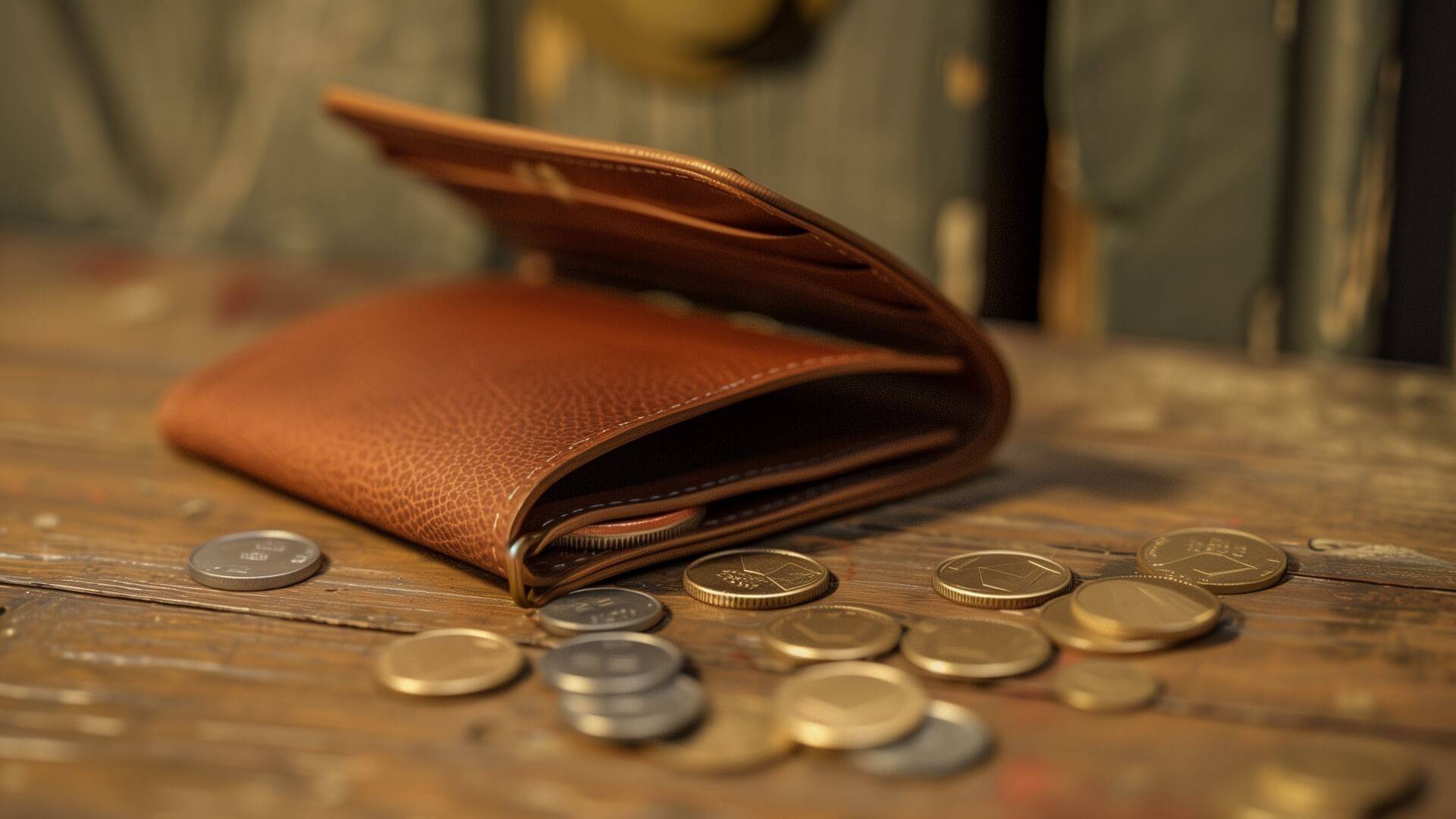 Braune Geldb&ouml;rse auf Holzoberfl&auml;che.