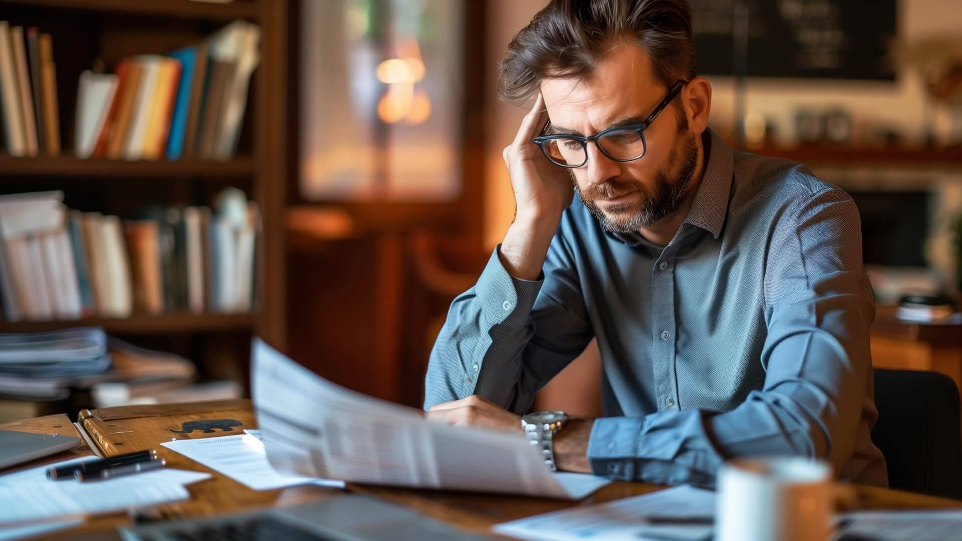 Mann arbeitet am Schreibtisch.