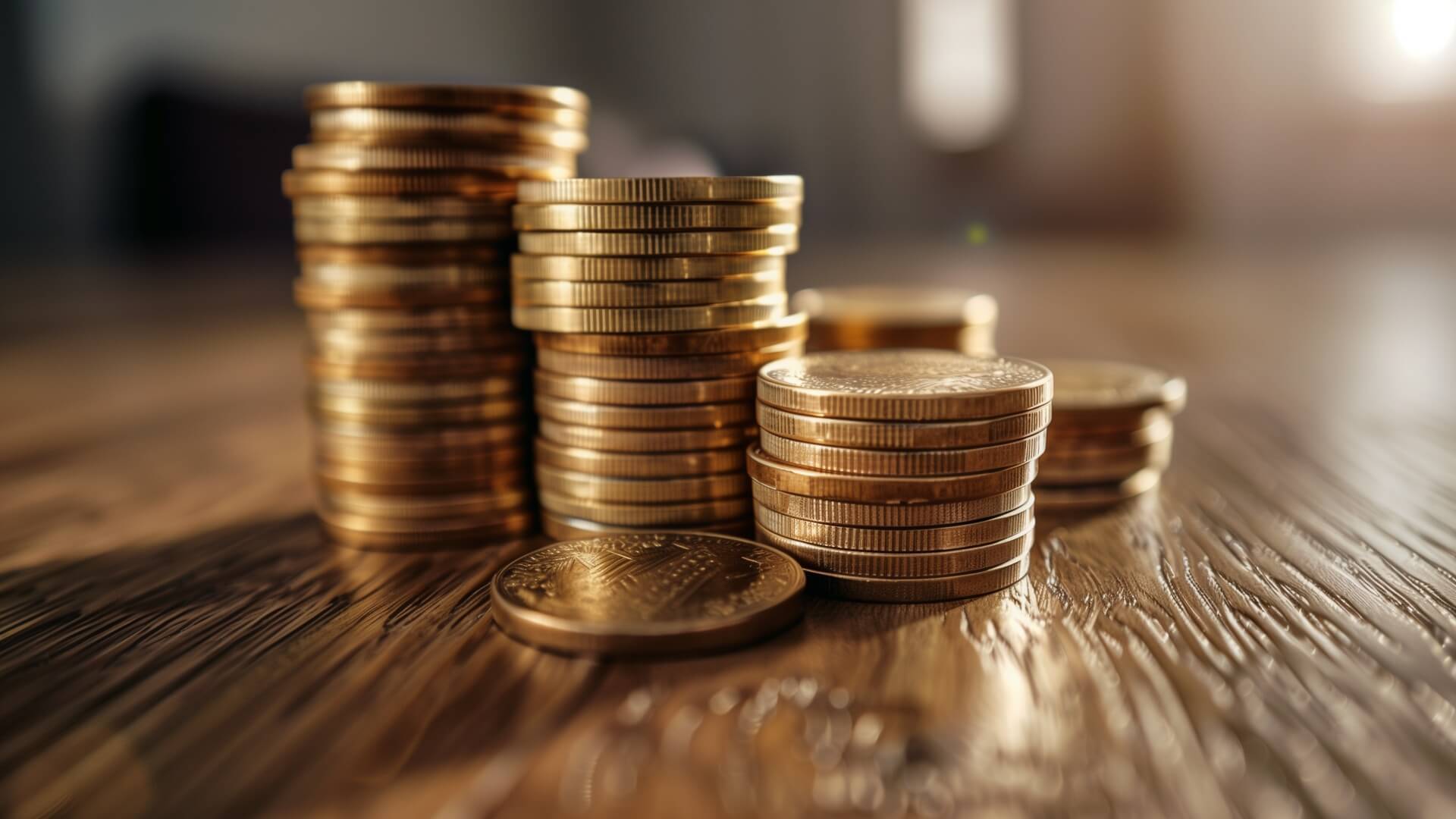 Sammlung von M&uuml;nzen auf Holz.