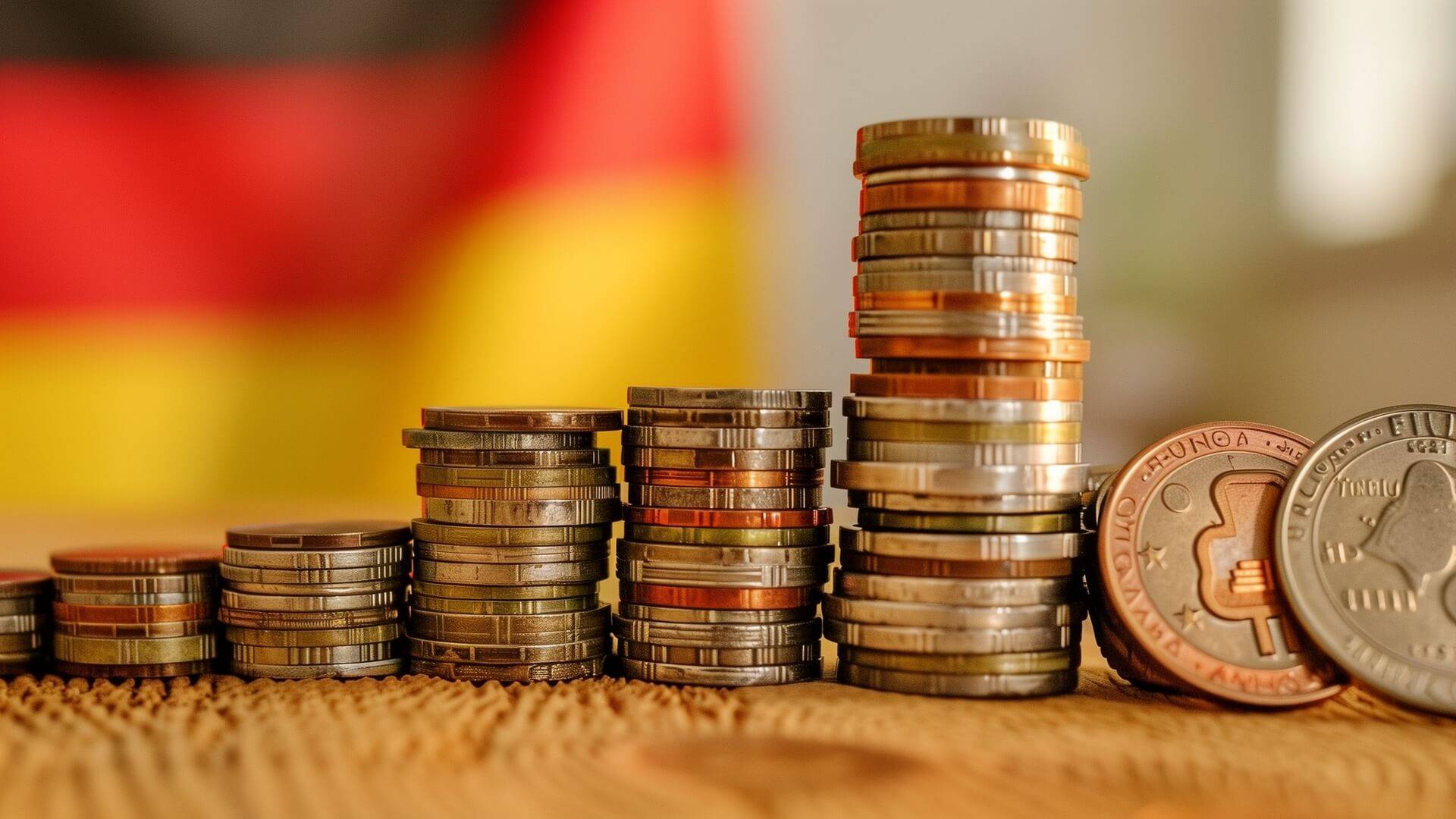 M&uuml;nzsammlung auf Holztisch.